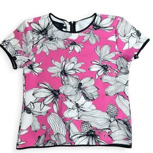 SKAZI Women’s Pink and Black Short Sleeve Floral Print Zip Up Back Blouse Size L